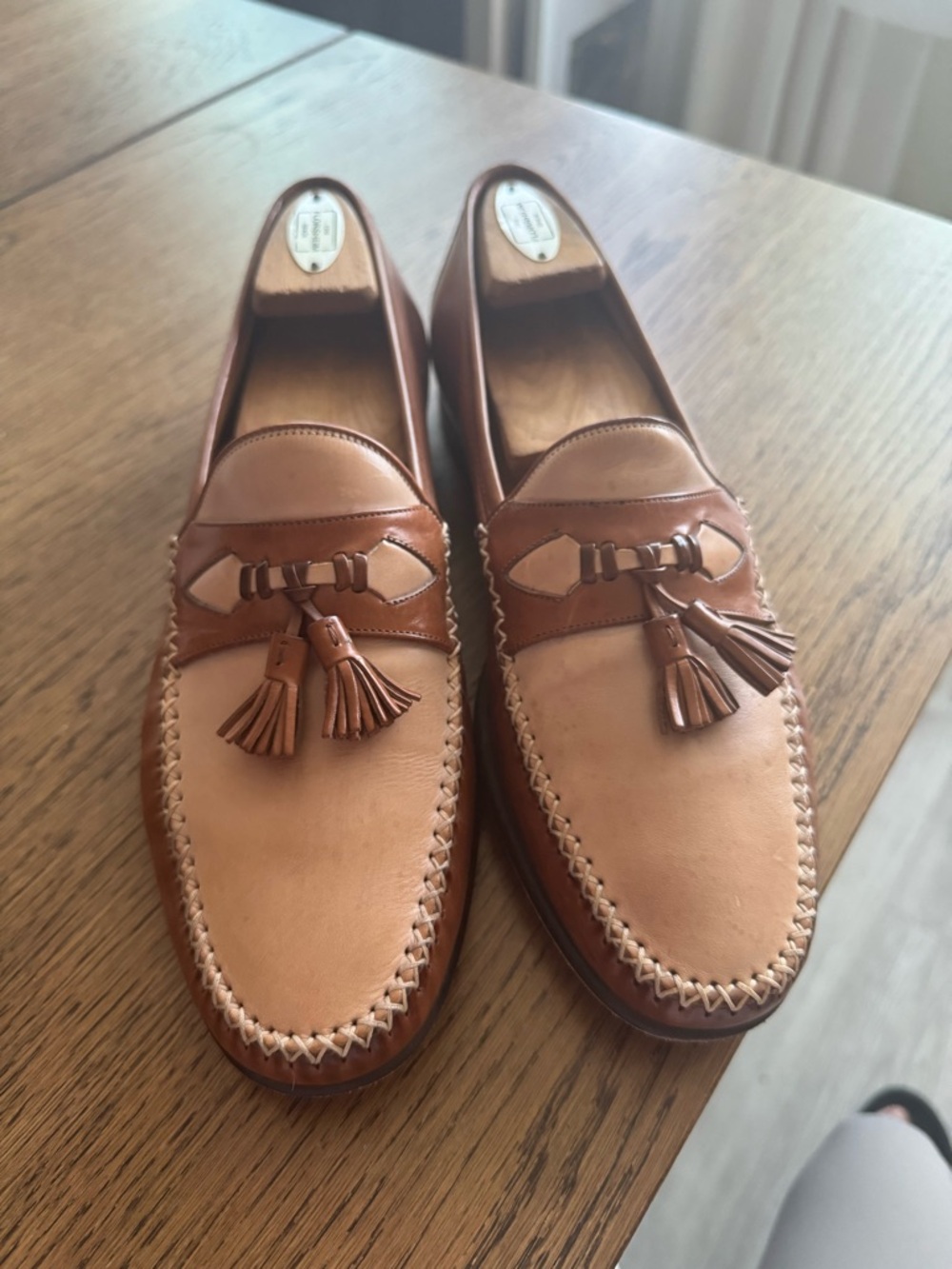 Johnston & Murphy Two-Tone Tan and Brown Tassel Loafers